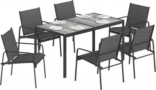 Ensemble Repas Extérieur 7 Pièces pour 6 Personnes, Table Imitation Bois et Chaises en Maille Aérée, Mobilier de Jardin en Acier Noir