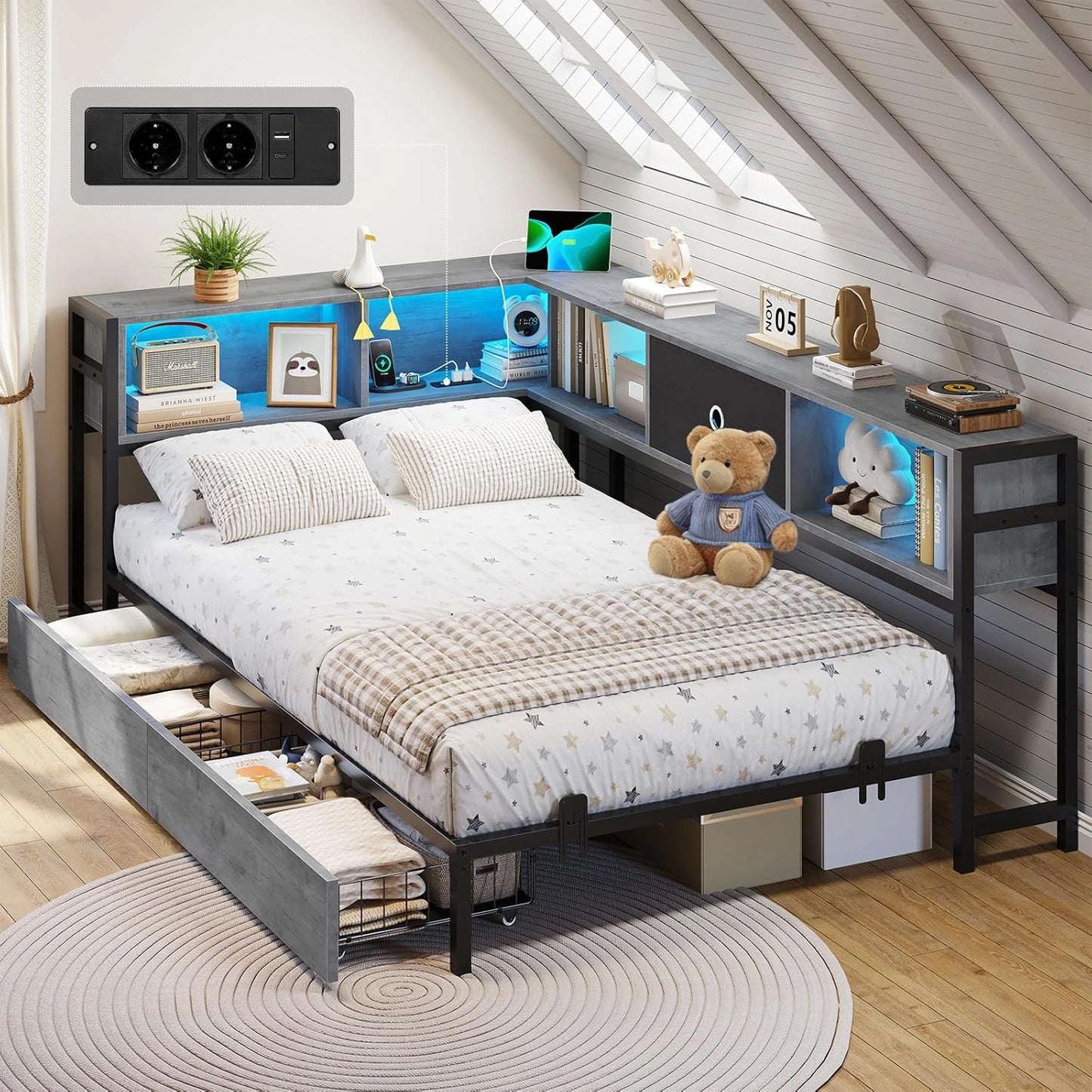 DICTAC Lit Enfant 90x200 avec LED et Rangement, Lit Banquette Métal avec Prise et Tiroirs, Gris Chêne