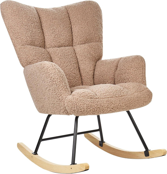 Chaise Berçante Moderne en Tissu Bouclé Beige avec Pieds en Bois