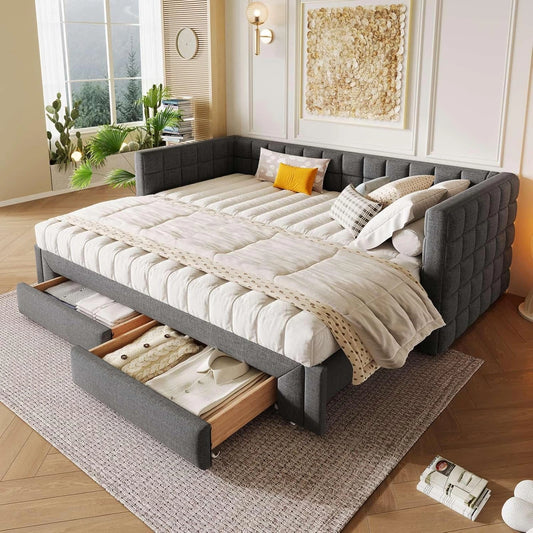 Canapé-Lit Convertissable en Velours avec Tiroirs Inclus - 2 Places, Gris