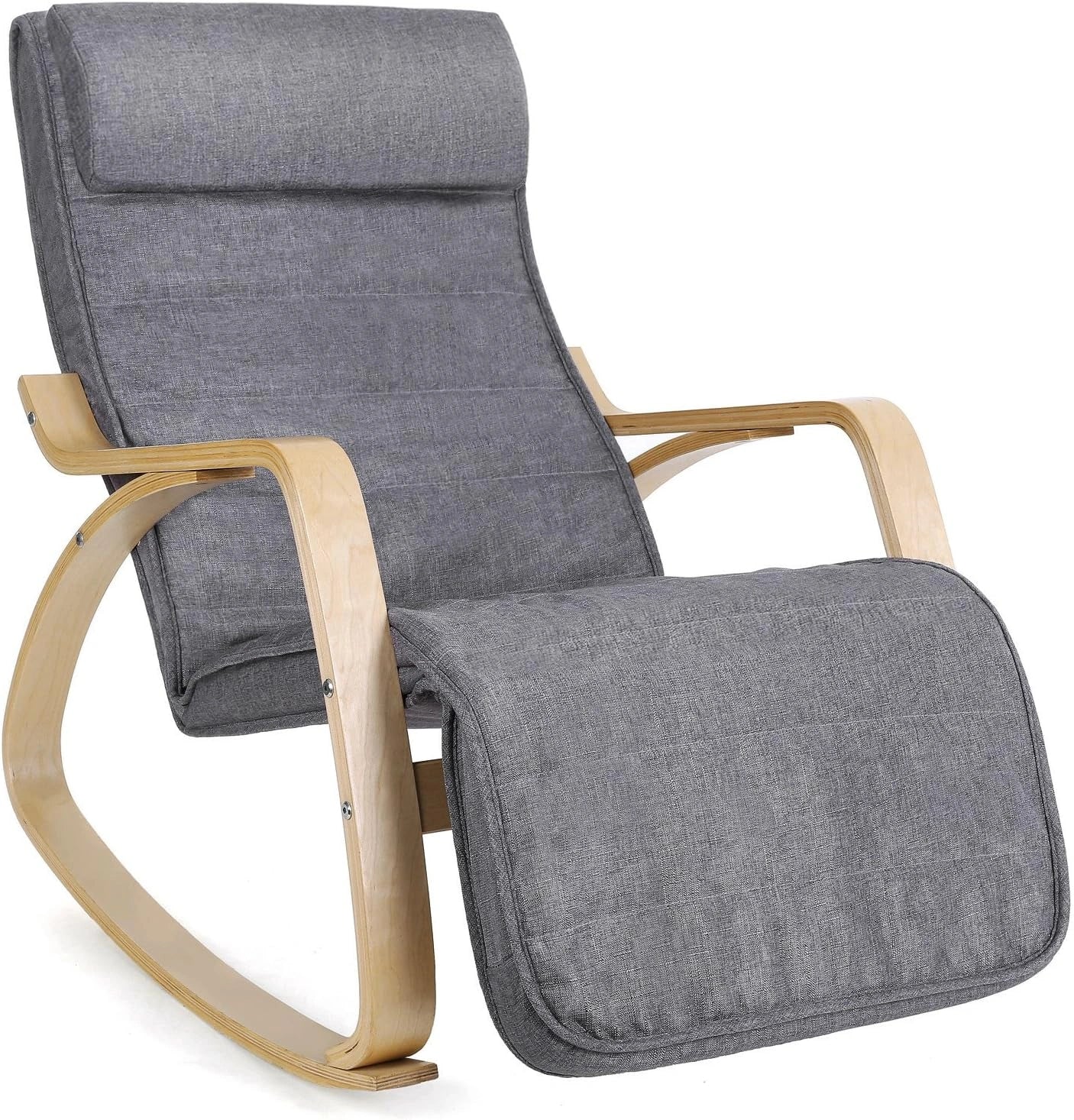 Chaise Berçante SONGMICS avec Accoudoirs en Bois, Repose-Pieds Ajustable, Capacité 150 kg, Pour Chambre et Salon, Gris et Bois