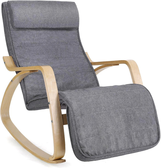 Chaise Berçante SONGMICS avec Accoudoirs en Bois, Repose-Pieds Ajustable, Capacité 150 kg, Pour Chambre et Salon, Gris et Bois