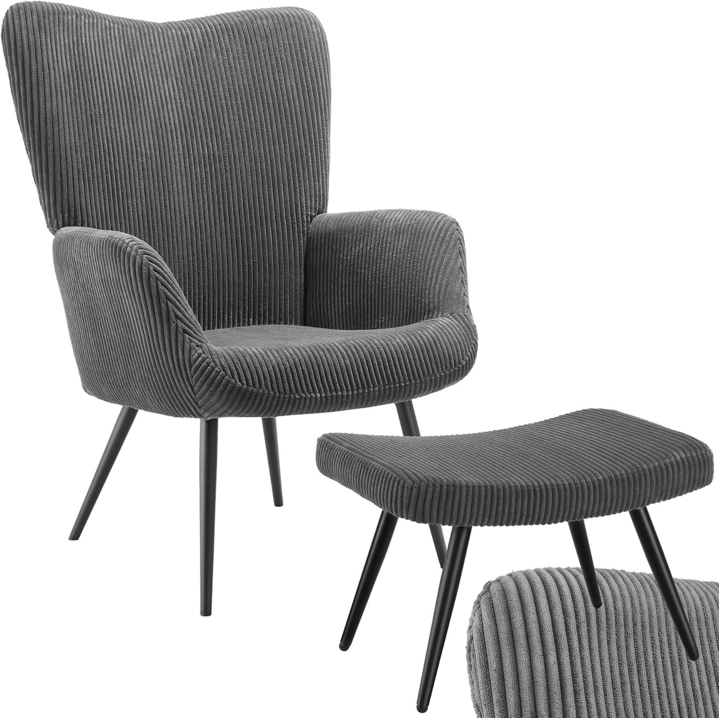 Chaise Scandinave en Velours avec Tabouret - Fauteuil Confortable pour Salon, Chambre ou Bureau - Gris/Noir