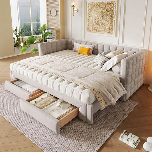 Canapé-Lit Convertible Velours Beige avec Tiroirs et Sommier à Lattes 90/180x200cm