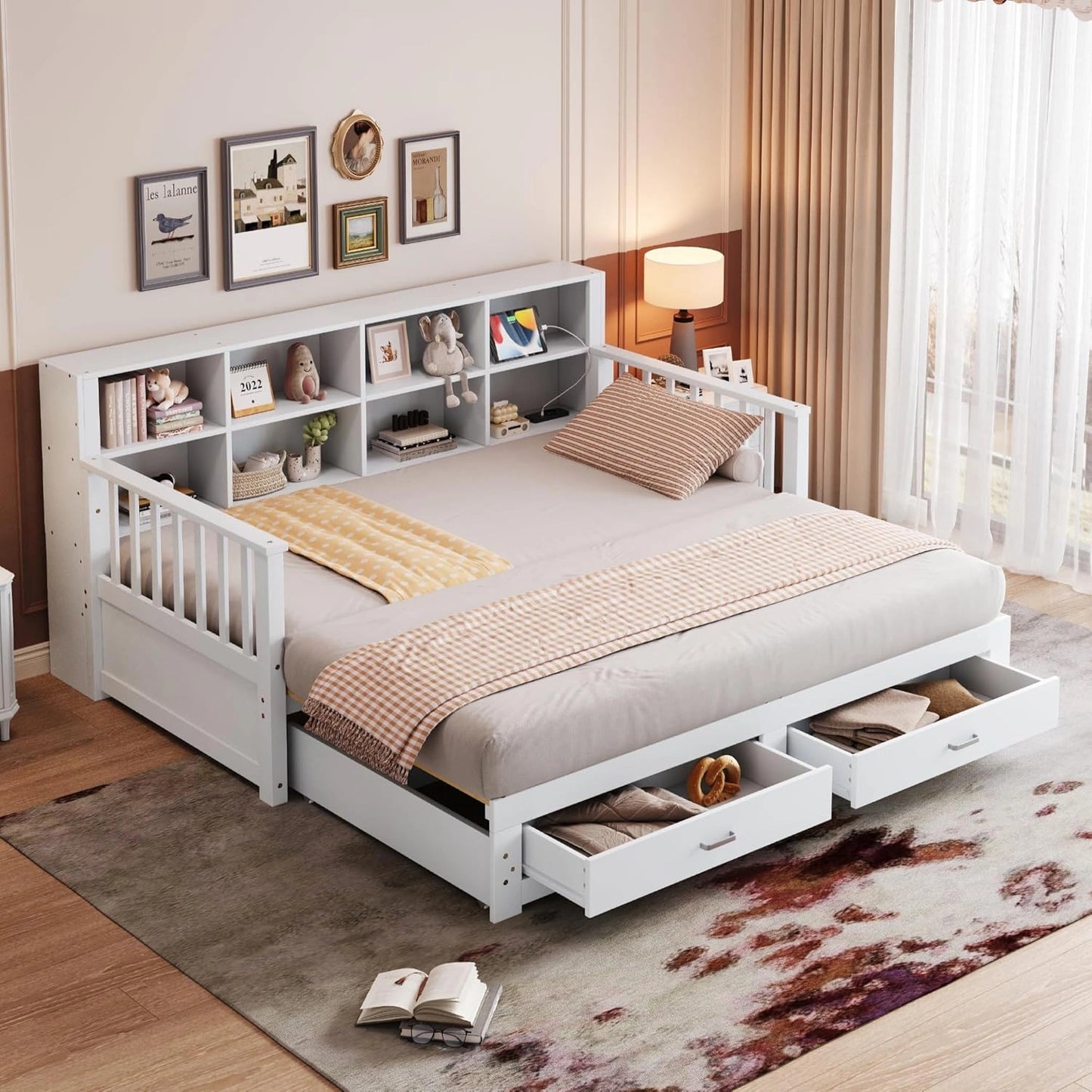 Lit gigogne multifonction en bois massif 90x190 cm avec tiroirs et chargeur intégré